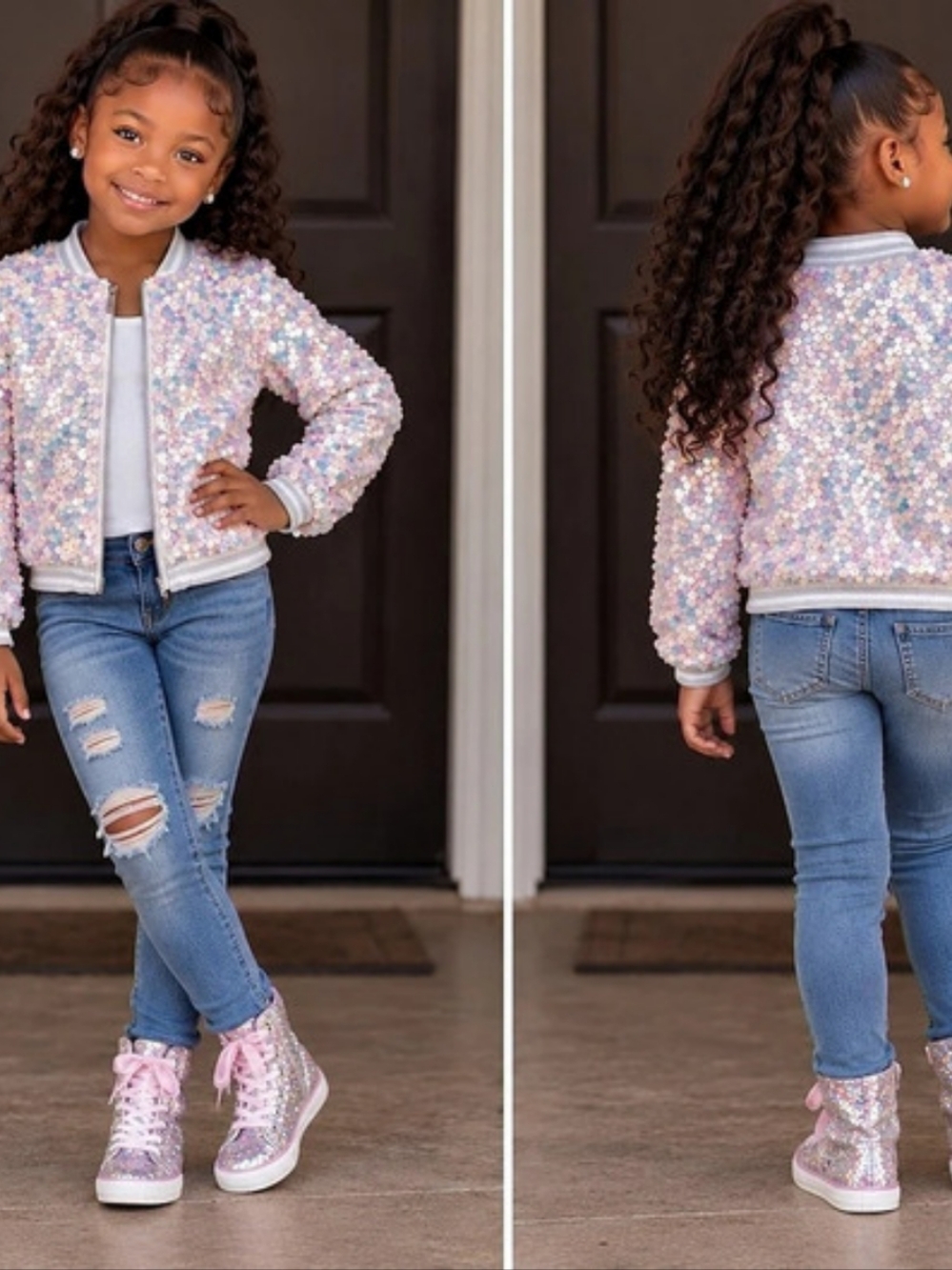 more than magic Iridescent Sequin Bomber Jacket Pink & Blue Girls Large
